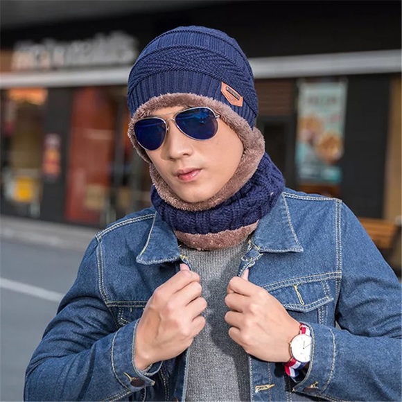 Navy Blue Cable Knit Beanie & Ring Scarf w/ Fleece - Picture 2 of 10